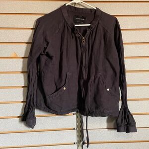 Lucky Brand Womens Linen Blend Zip Up Bomber Jacket Faded Black Small